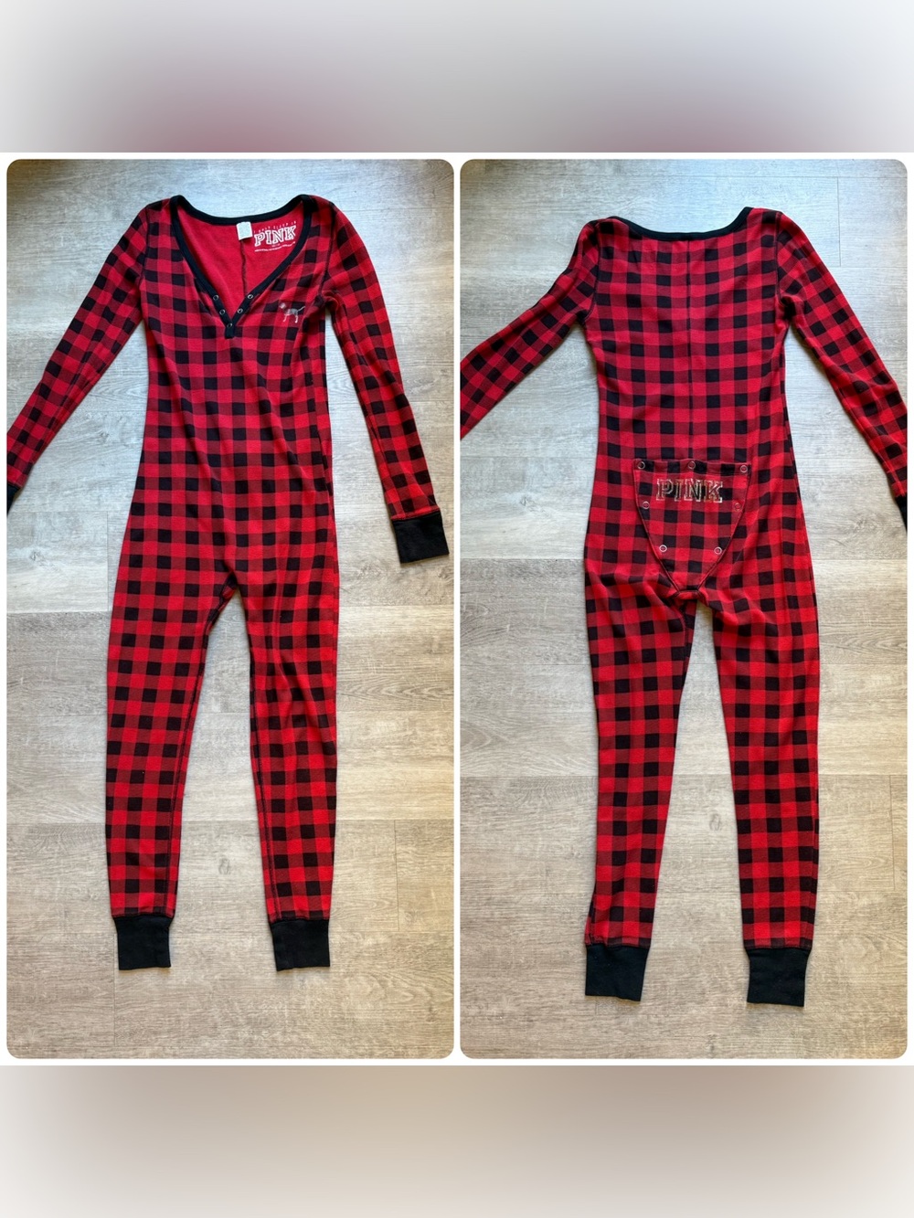 PINK Victoria Secret Thermal Back Flap One Piece Long Sleeves Plaid Pajama Sz XS